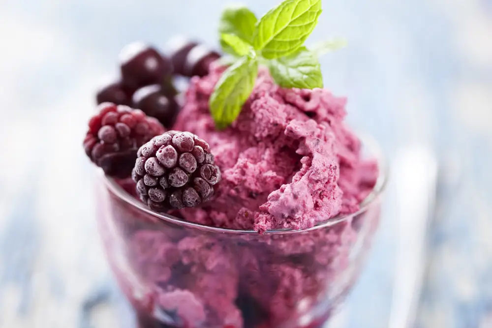 Une coupe de sorbet aux fruits rouges, garnie de mûres et d’une feuille de menthe