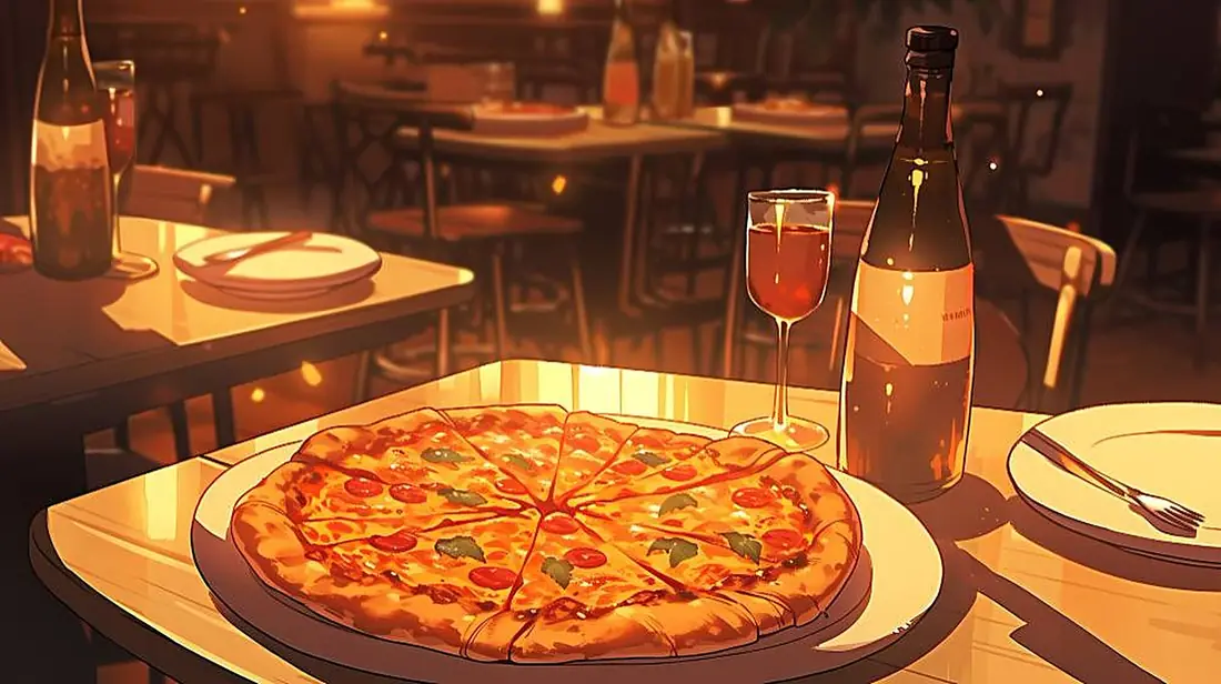 Une pizza découpée sur une table du restaurant, à côté d’un verre et d’une bouteille de vin